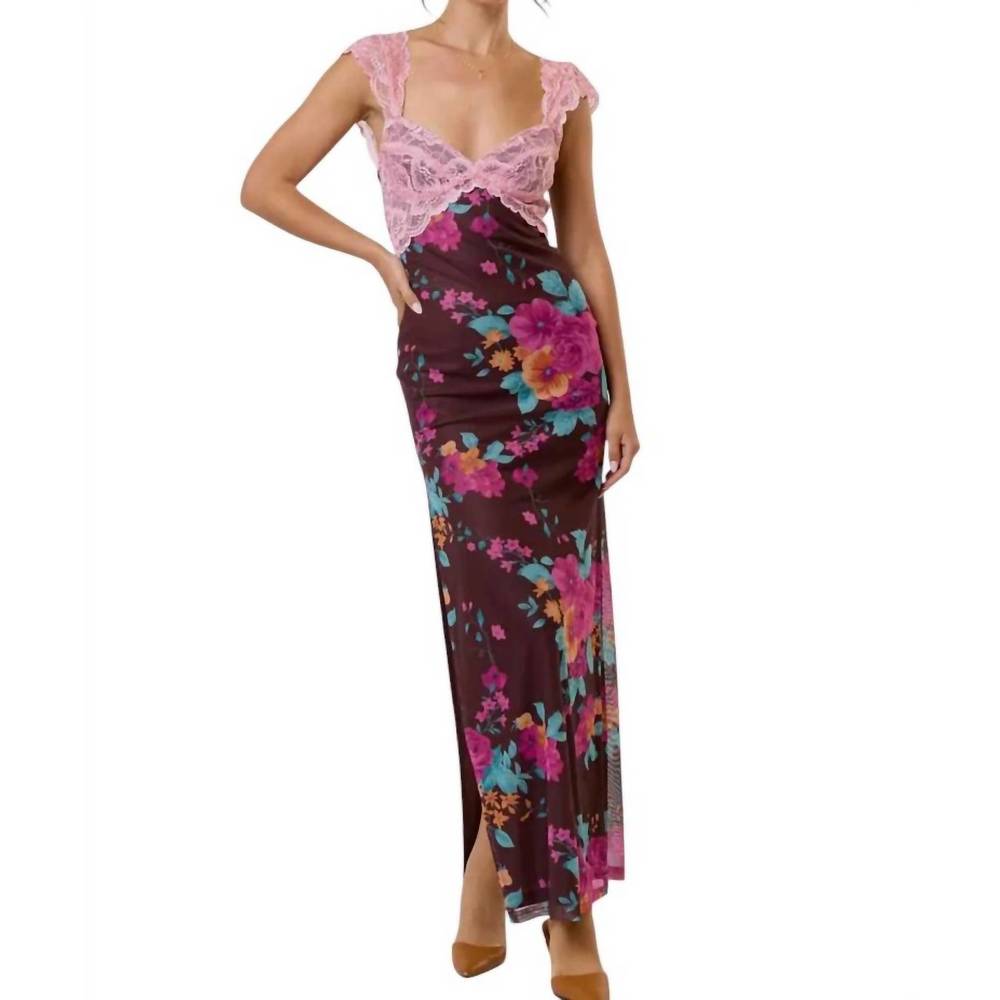 Floral Maxi Dress with Pink Lace